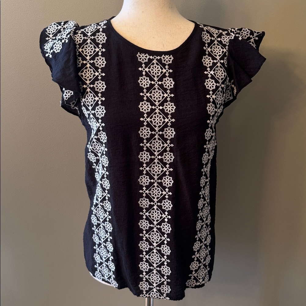 THML Flutter Sleeve Black Top with White Embroidery